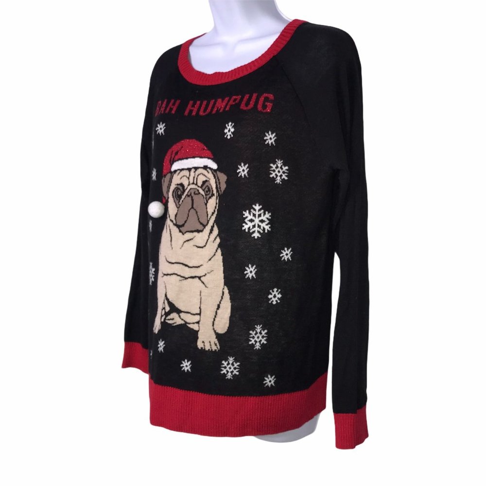 Well Worn Lightweight Pug Bahumpug Ugly Christmas Holiday Pullover Sweater L - Picture 5 of 8
